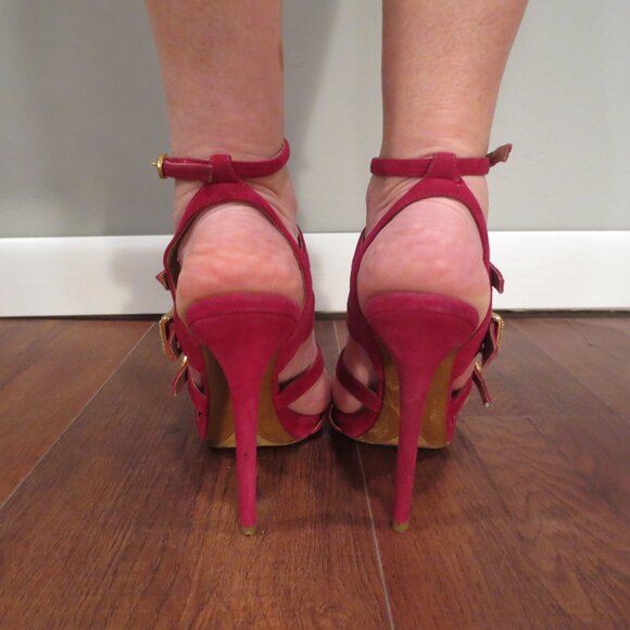 TABITHA SIMMONS Red Suede High Heel Buckle Design Sandals - Picture 8 of 14
